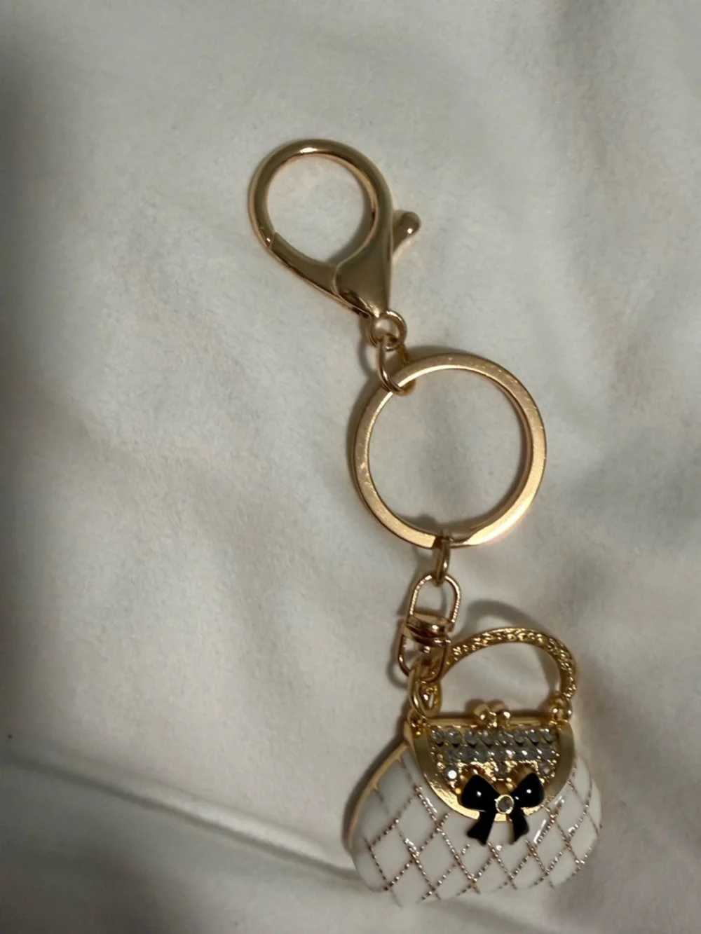 Bagcharm/KeyChain Gold tone & White Mini Purse Keychain with Black Bow! 🖤